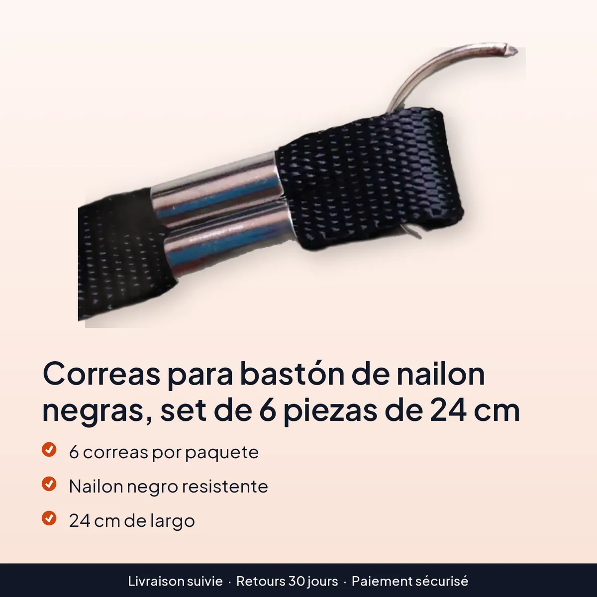 Correas para bastón de nailon negras, set de 6 piezas de 24 cm : 6 correas por paquete, nailon negro resistente, 24 cm de largo