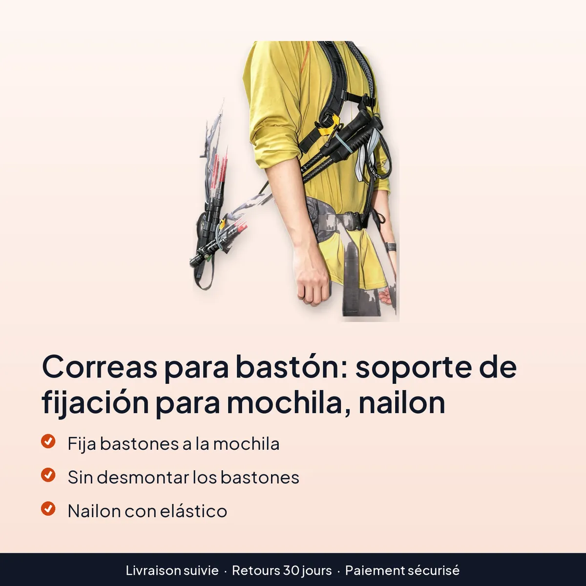 Correas para bastón: soporte de fijación para mochila, nailon : fija bastones a la mochila, sin desmontar los bastones, nailon con elástico