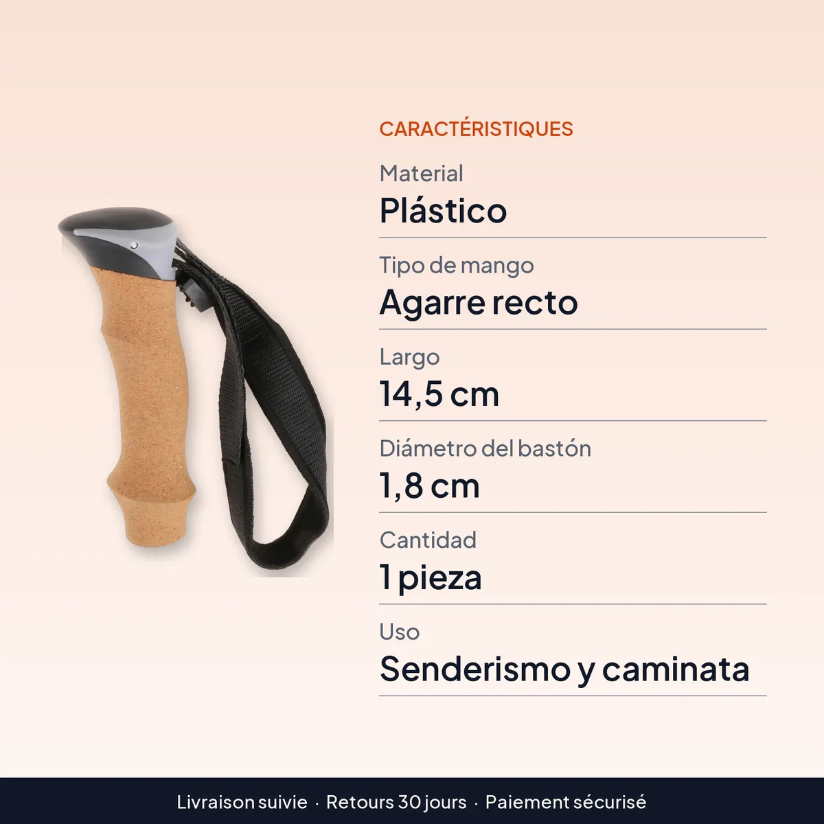 Empuñaduras para bastón de trekking de 18 mm con correa, 14,5 cm : caractéristiques