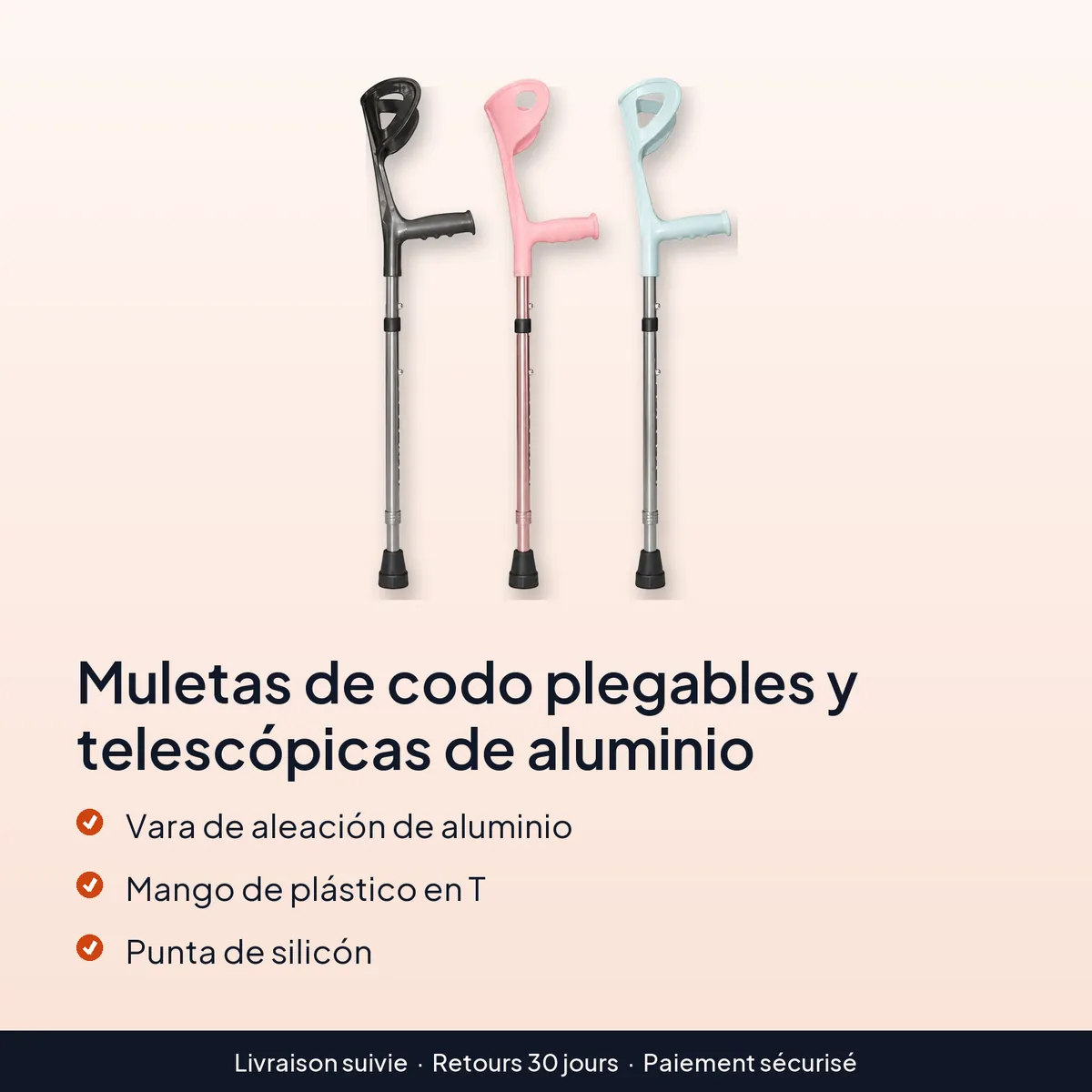 Muletas de codo plegables y telescópicas de aluminio : vara de aleación de aluminio, mango de plástico en t, punta de silicón
