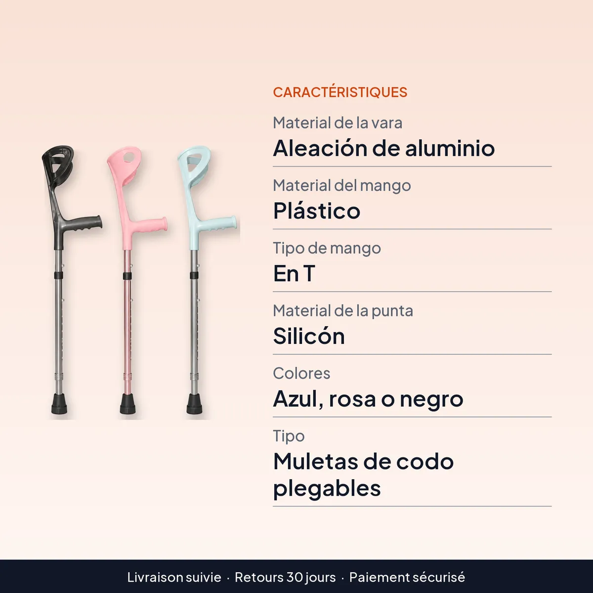 Muletas de codo plegables y telescópicas de aluminio : caractéristiques