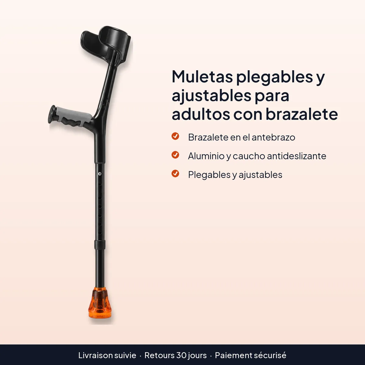Muletas plegables y ajustables para adultos con brazalete : brazalete en el antebrazo, aluminio y caucho antideslizante, plegables y ajustables