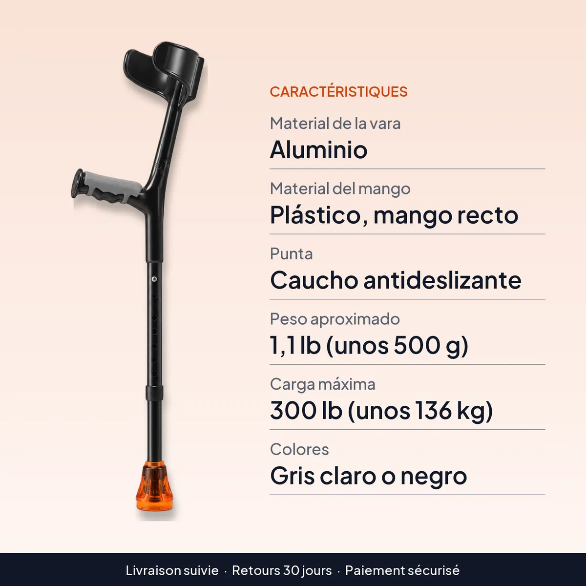 Muletas plegables y ajustables para adultos con brazalete : caractéristiques
