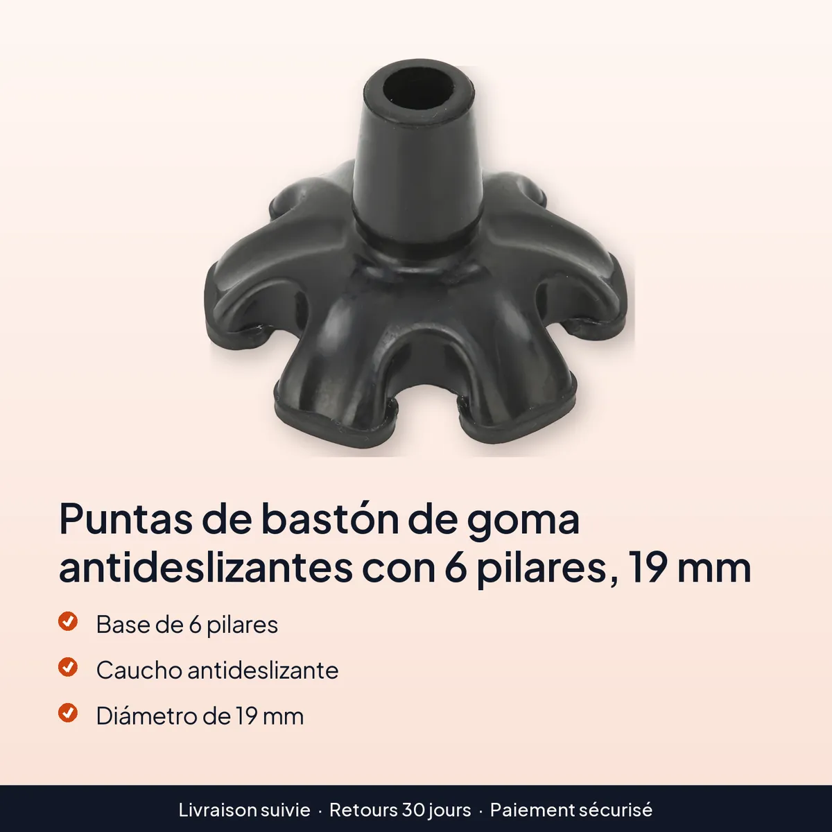Puntas de bastón de goma antideslizantes con 6 pilares, 19 mm : base de 6 pilares, caucho antideslizante, diámetro de 19 mm