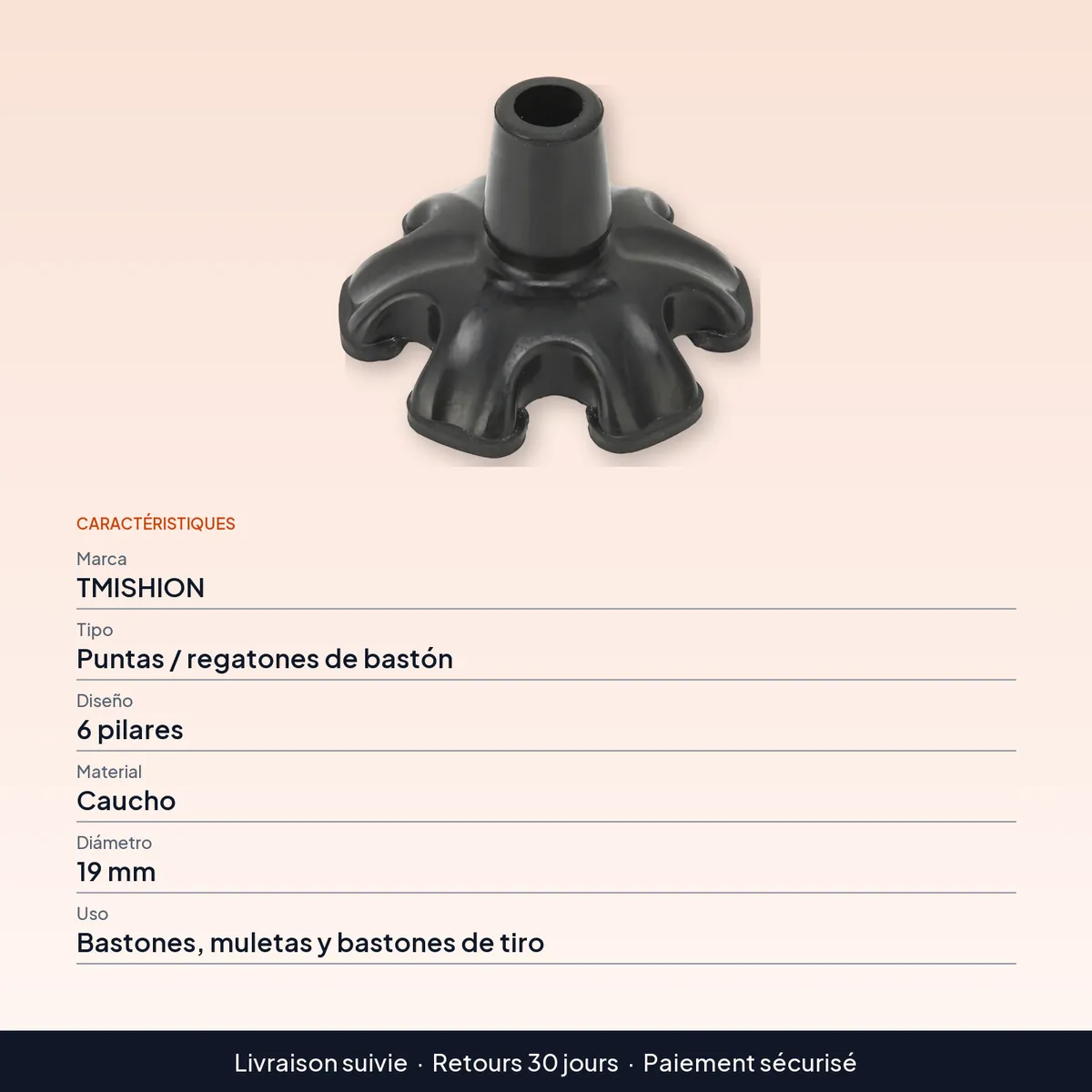 Puntas de bastón de goma antideslizantes con 6 pilares, 19 mm : caractéristiques
