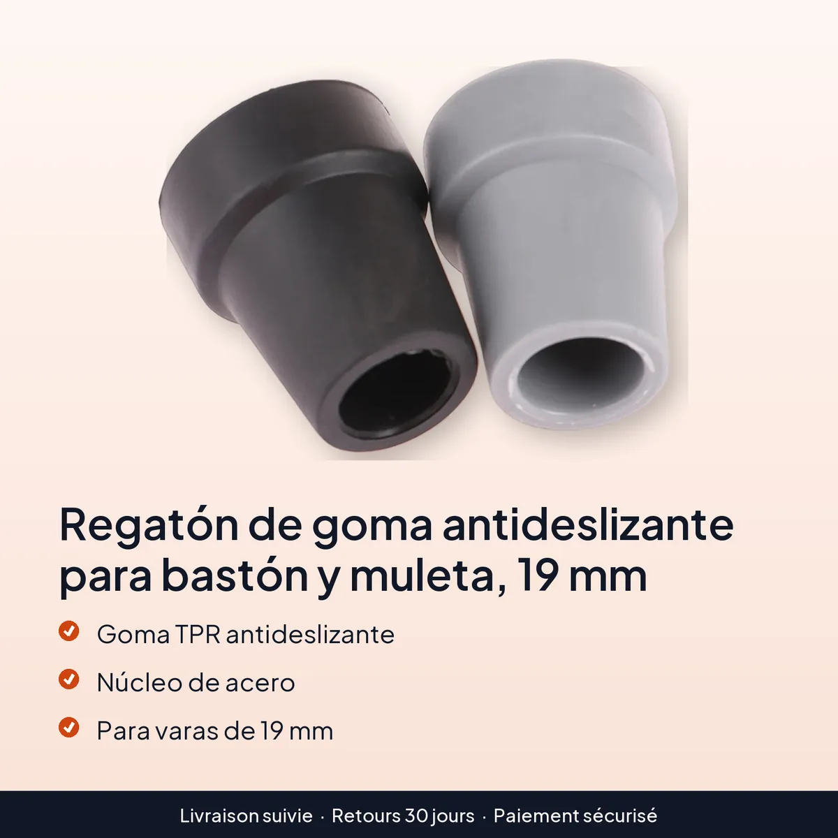Regatón de goma antideslizante para bastón y muleta, 19 mm : goma tpr antideslizante, núcleo de acero, para varas de 19 mm