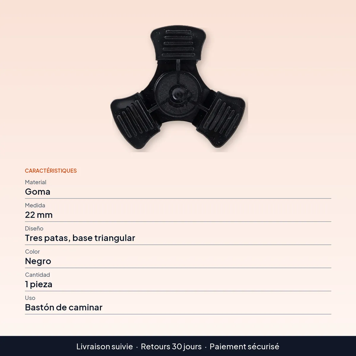 Regatones y puntas para bastón de goma de 22 mm, tres patas : caractéristiques